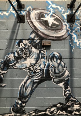 Captain America mural painted on brick wall Bridgwater