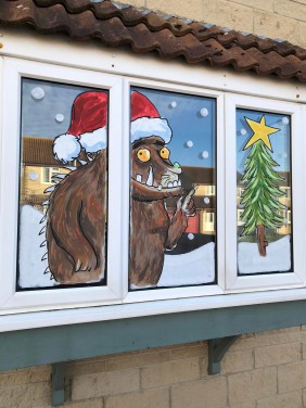 Christmas Window art - The Gruffalo with a christmas tree