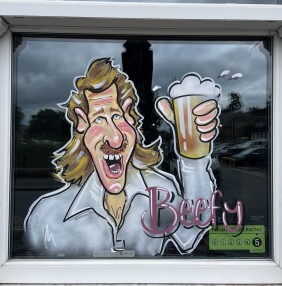 Window art - cricket theme at The Princess Royal Taunton