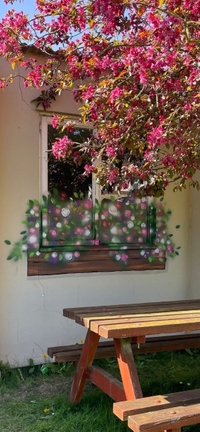 Window box with flowers - beer garden at the commercial inn Bridgwater
